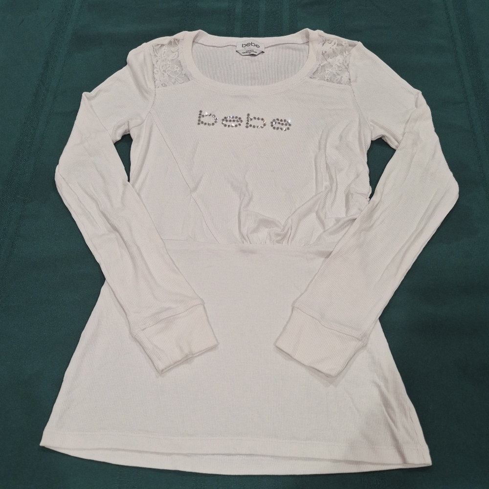 Bebe Swarovski Crystals Logo White Ribbed Tunic Top - Small.